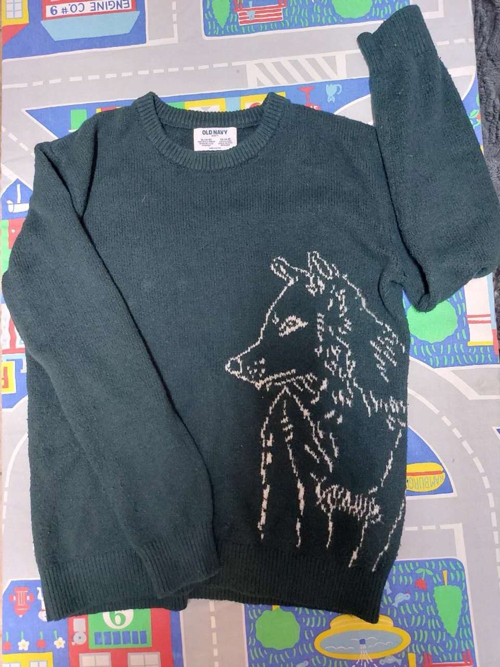Old Navy dark blue sweater with wolf pattern